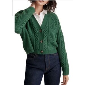 Madlewell Women's Cable-Knit Cropped Cardigan Sweater Wool Blend Green Size XXL